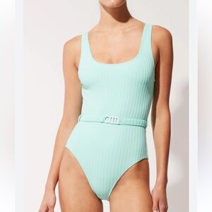 NWT/Bag Solid and Striped Annemarie Aqua Ribbed Swimsuit